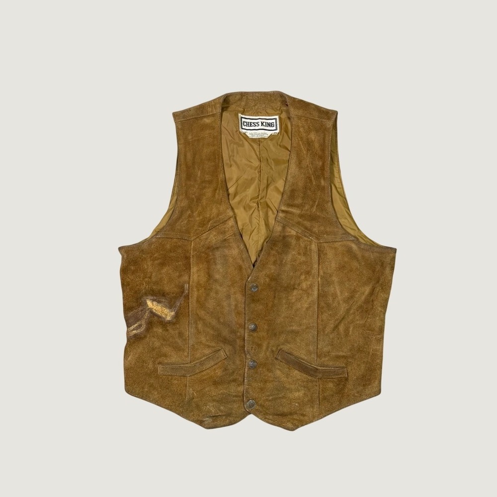 Vintage Chess King Mens XL Brown Suede Leather Western Vest Button Front Tan